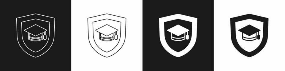 Set Graduation cap with shield icon isolated on black and white background. Insurance concept. Security, safety, protection, protect concept. Vector