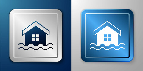 White House flood icon isolated on blue and grey background. Home flooding under water. Insurance concept. Security, safety, protection, protect concept. Silver and blue square button. Vector