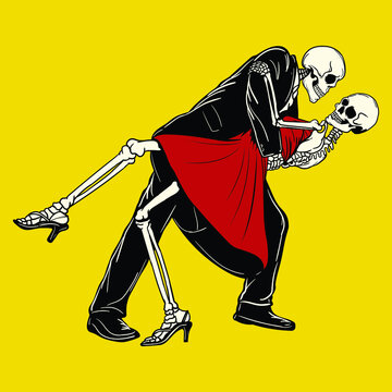Couple Skeleton Skull Dancing cartoon illustration