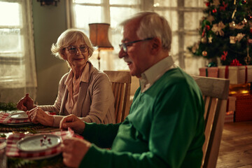 Fototapeta na wymiar Adorable senior couple having Christmas lunch at home