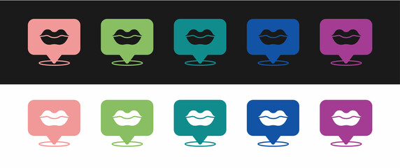 Set Smiling lips icon isolated on black and white background. Smile symbol. Vector