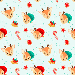 Christmas seamless pattern with fawns. Cartoon style.
