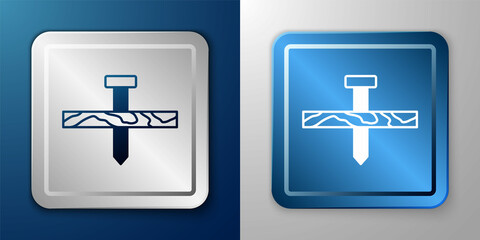 Obraz premium White Metallic nail and wood plank icon isolated on blue and grey background. Silver and blue square button. Vector