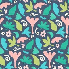 Tropical leaf background pattern. Textured fabric effect seamless pattern of abstract hand drawn leaves and flowers. 