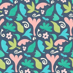 Tropical leaf background pattern. Textured fabric effect seamless pattern of abstract hand drawn leaves and flowers. 