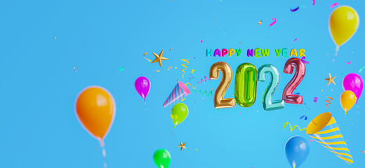 Happy new year 2022 balloons decoration with paper shoot colofull