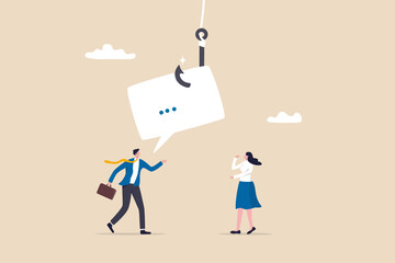 Liar, dishonesty colleague, cheating boss lying about work advantage, fraud or illegal and corruption, message trap concept, dishonesty businessman lying to coworker with fishing bait on speech bubble