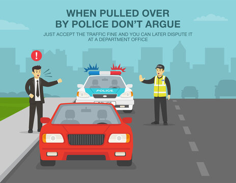 Police Officer Stops A Red Sedan Car To Check On Driver's Documents.Angry Driver Is About To Fight With Police.Don't Argue,just Accept The Fine.Traffic Speed Control.Flat Vector Illustration Template.