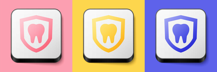 Isometric Dental protection icon isolated on pink, yellow and blue background. Tooth on shield logo. Square button. Vector
