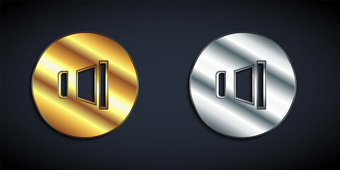 Gold and silver Speaker volume, audio voice sound symbol, media music icon isolated on black background. Long shadow style. Vector