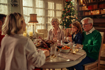 Cheerful family having Christmas lunch and enjoying holiday together