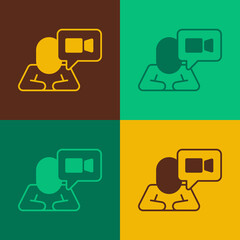 Pop art Video chat conference icon isolated on color background. Online meeting work form home. Remote project management. Vector