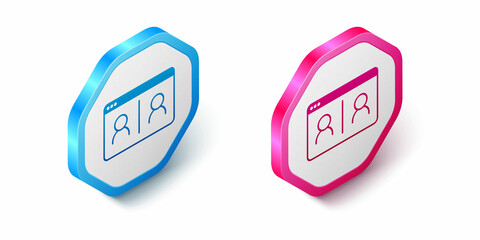 Isometric Video chat conference icon isolated on white background. Online meeting work form home. Remote project management. Hexagon button. Vector