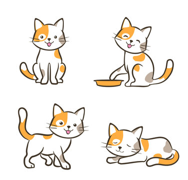 cute cat in various poses. cartoon kitten dreaming, standing, sitting, walking, resting, playing with a plate. set of orange and white kitty. vector illustration