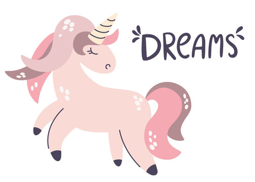 Cute Unicorn. Inscription Dreams. Pony magical animal, pastel color. Hand draw Clipart for children's room, greeting cards, children's and children's T-shirts and clothing. Vector cartoon illustration
