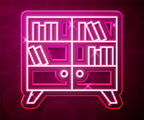 Glowing neon line Library bookshelf icon isolated on red background. Vector