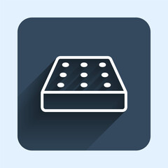 White line Mattress icon isolated with long shadow background. Padded comfortable sleeping bed mattress. Blue square button. Vector