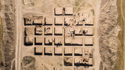 Archaeological excavation. Aerial view of the archaeological excavations