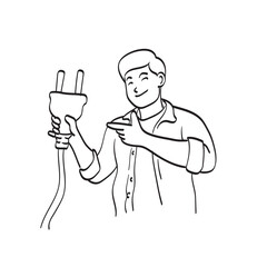 line art half length man holding big electric plug illustration vector isolated on white background