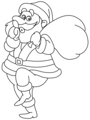 Outlined sneaky Santa Claus showing silence sign and tip toeing carrying gifts sack. Vector line art illustration coloring page.