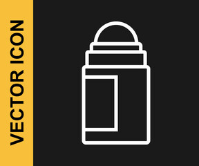 White line Antiperspirant deodorant roll icon isolated on black background. Cosmetic for body hygiene. Vector