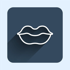 White line Smiling lips icon isolated with long shadow background. Smile symbol. Blue square button. Vector