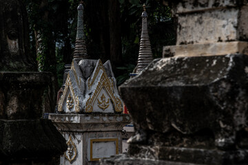 Ratchaburi, Thailand - Sep 22,2019 : Pagodas, Called chedi containing the ashes of members of the thailand people family, in a Buddhist temple, Buddhist bone ash.