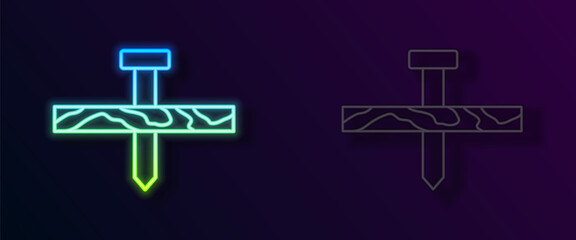 Glowing neon line Metallic nail and wood plank icon isolated on black background. Vector