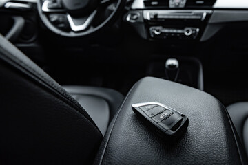 Car key remote in black leather interior. Start engine key.