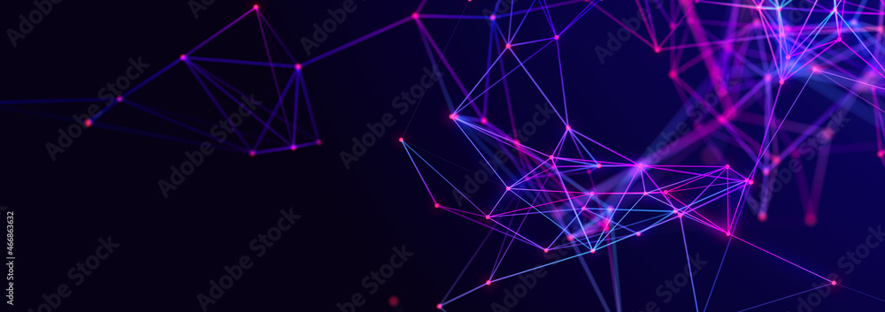 Poster structure of connected lines and dots. wireframe polygonal elements on a dark background. science an