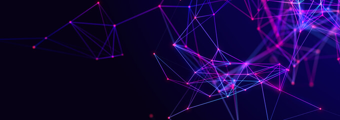 Structure of connected lines and dots. Wireframe polygonal elements on a dark background. Science and technology. 3d