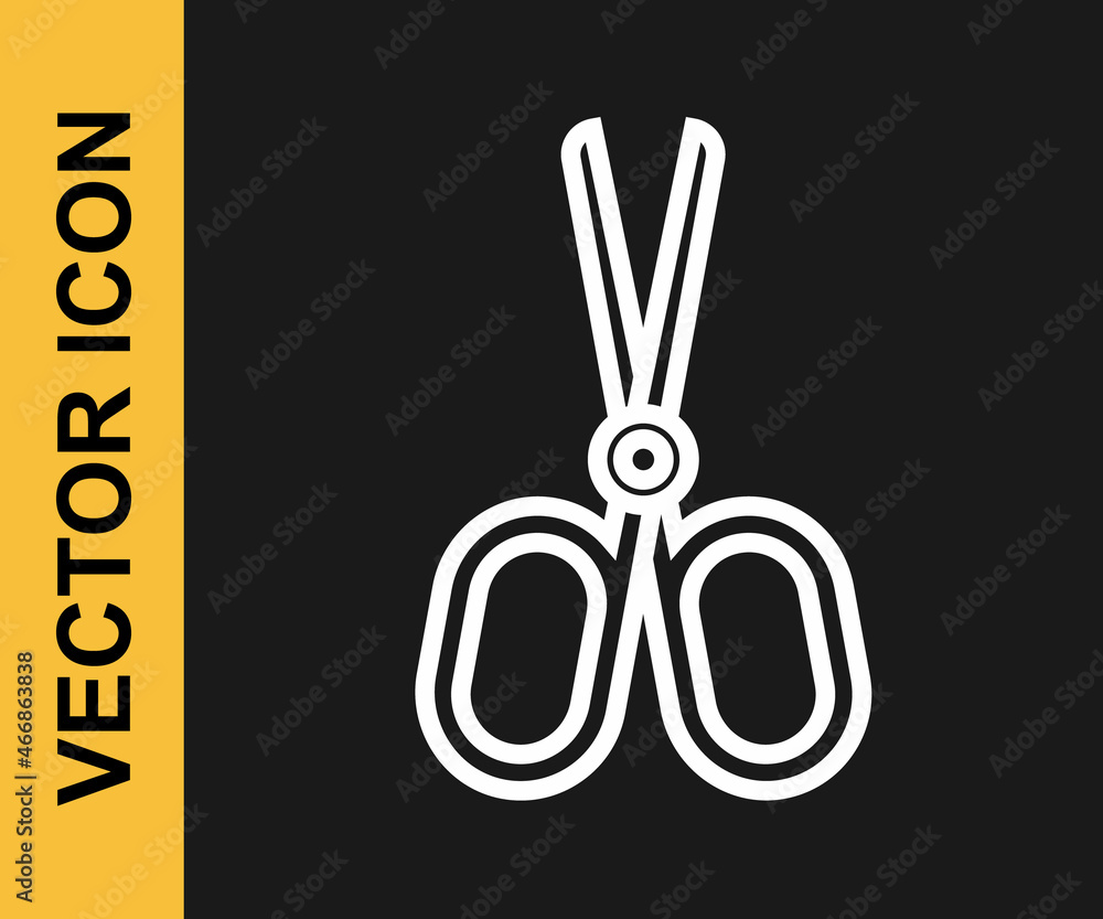 Poster white line scissors icon isolated on black background. tailor symbol. cutting tool sign. vector