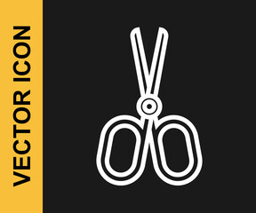 White line Scissors icon isolated on black background. Tailor symbol. Cutting tool sign. Vector