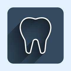 White line Tooth icon isolated with long shadow background. Tooth symbol for dentistry clinic or dentist medical center and toothpaste package. Blue square button. Vector