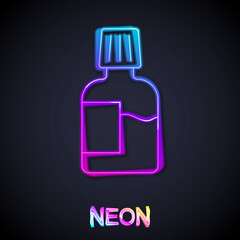Glowing neon line Mouthwash plastic bottle icon isolated on black background. Liquid for rinsing mouth. Oralcare equipment. Vector