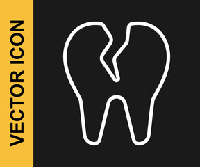 Obraz premium White line Broken tooth icon isolated on black background. Dental problem icon. Dental care symbol. Vector