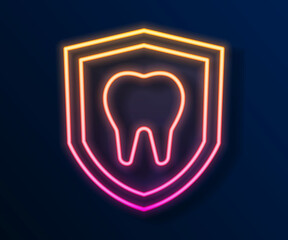 Glowing neon line Dental protection icon isolated on black background. Tooth on shield logo. Vector