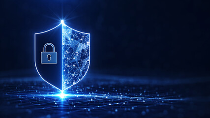 Data protection is a concept in cybersecurity and privacy technologies. There is a shield on the left side. The small padlock serves as the connection point between the polygons. dark blue background. - obrazy, fototapety, plakaty