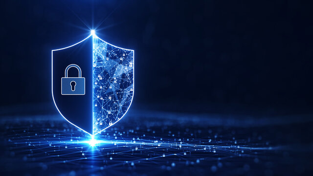 Data protection is a concept in cybersecurity and privacy technologies. There is a shield on the left side. The small padlock serves as the connection point between the polygons. dark blue background.