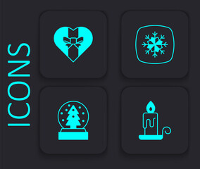 Set Burning candle, Gift box, Snowflake and Christmas snow globe icon. Black square button. Vector