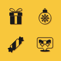 Set Gift box, bow, Candy and Christmas ball icon with long shadow. Vector