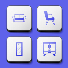 Set Sofa, Armchair, Big full length mirror and Chest drawers icon. White square button. Vector