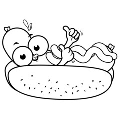 Cartoon hot dog. Vector black and white coloring page