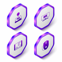 Set Isometric Joystick for arcade machine, Computer monitor, Portable video game console and mouse icon. Purple hexagon button. Vector