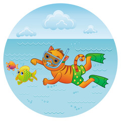 A funny cat catches fish in a mask for swimming underwater. Cartoon cute character hunting fish on vacation. Kitten diver in a mask and fins swims on the sea, summer vacation. Vector illustration.