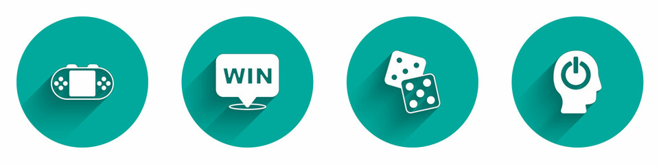 Set Portable video game console, Medal, Game dice and Power button icon with long shadow. Vector