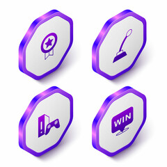 Set Isometric Game rating with medal, Microphone, console joystick and Medal icon. Purple hexagon button. Vector