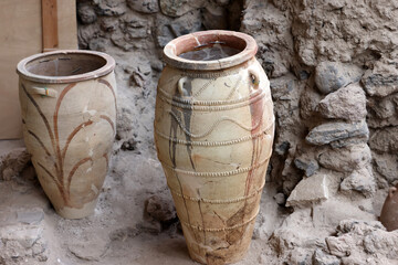  Recovered ancient pottery in prehistoric town of Akrotiri, excavation site of a Minoan Bronze Age settlement on the Greek island of Santorini