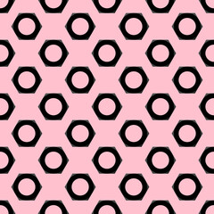 Seamless pattern. Image of a walnut on a pink background. black hexagon. 3d rendering. 3d image.