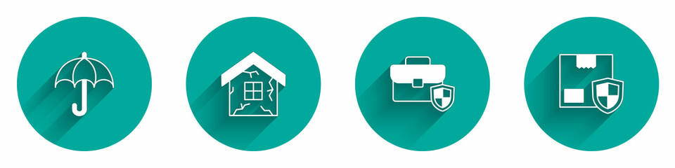 Set Umbrella, House, Briefcase with shield and Delivery security icon with long shadow. Vector